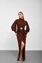 Brown High Collar Brooch Detailed Balloon Sleeve Long Dress - 4