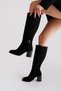 Women's Black Suede Thermo Rubber Sole Heeled Boots with Stone Buckle - 5