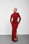 Burgundy High Collar Long Dress with Window Detail and Stone Embroidery