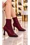 Lavenya Women's Burgundy Floral Patterned Lace Patent Leather Garnished Pointed Toe Zippered 7 cm Goblet Heeled Booties - 2