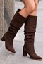 Mia Women's Suede Brown Bellows Below the Knee Thick Heeled Pointed Toe Stylish and Comfortable Boots 6.5 cm Heel (Narrow Fit) - 7