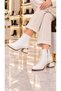 Sorenza Women's Gold Detailed White Round Toe Zippered 3 cm Short Thick Heeled Boots Bootie - 3