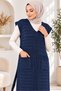 Women's V-Neck Sleeveless Knitted Patterned Double Pocket Soft Textured Relaxed Fit Stylish Casual Navy Blue Knitwear Long Sweater Salopet - 6