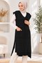 Women's V-Neck Sleeveless Knitted Patterned Double Pocket Soft Textured Relaxed Fit Stylish Casual Black Knitwear Long Sweater Salopet - 2