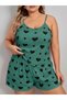 Plus Size Green Heart Pattern Cotton Shorts Pajamas Set - 2