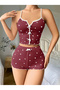 Cotton Brown with White Heart Pattern Ribbed Strap Shorts Pajama Set - 2