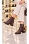 Sorenza Women's Gold Detailed Bitter Brown Round Toe Zippered 3 cm Short Thick Heeled Boots Bootie - 3