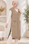 Women's V-Neck Sleeveless Knitted Patterned Double Pocket Soft Textured Relaxed Fit Stylish Casual Mink Knitwear Long Sweater Salopet - 5