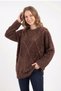 Women's Brown Diamond Patterned Sequin Embroidered Crew Neck Soft Textured Fuzzy Sweater - 2