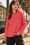 Women's Red Pink Striped Crew Neck Oversize Sweatshirt - 2