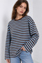 Women's Brown Blue Striped Oversize Crew Neck Long Sleeve T-Shirt - 7
