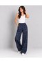 Women's Navy Blue 8253 Gabardine Plaid Trousers with Elastic Waist