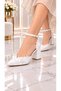 Florisen Women's White Floral Patterned Lace Pointed Toe Ankle Buckle 7 cm Thick Heeled Evening Dress Shoes - 2