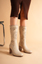 Women's Genuine Leather Star and Laser Cut Detailed Heeled Boots - Beige - 2