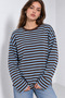 Women's Brown Blue Striped Oversize Crew Neck Long Sleeve T-Shirt - 6