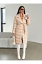 Women's Beige Jacket with Collar, Snap Closure, Belted Puffer Coat - 5