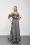 Khaki ruffled hem chiffon evening dress with flounce sleeves and lined detailing. - 2