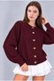 Burgundy Crew Neck Women's Buttoned Long Sleeve Cardigan