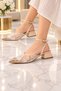 Laura Women's Beige Lace Detailed Metal Pointed Toe Ankle Buckle 2.5cm Heeled Evening Dress Shoes