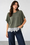 Women's Crew Neck Short Sleeve Lace Cotton Knit Sweater