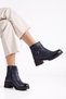 Genuine Leather Women's Heeled Boots Navy Blue with Fur Accessories Round Toe - 4