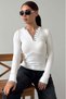 Ecru Buttoned Collar Long Sleeve Ribbed Slim Fit Women's Bodysuit Mg2729 - 4