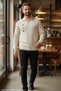 Men's Cream Anti-Pilling Polo Collar Half Zip Thick Knit Patterned Winter Knitwear Sweater Long Sleeve Intersia Top Clothing Old Money Regular Fit Classic Cut Kml120 - 7