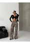 Women's Leopard Patterned High Waist Wide Leg Pants with Stripe Detail - 5