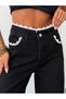 Women's Wide Leg Jeans with Guipure Stripes on the Waist and Pockets - 8