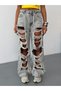 Women's High Waist Multi-Ripped Baggy Wide Leg Jean Pants