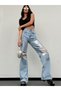 Women's High Waist Knee-Ripped Sparkling Stone Wide Leg Jean Trousers - 100% Cotton Loose Fit - 6