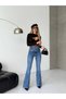 Women's High Waist Cross Belt Detailed Waist Hugging Flare Denim Pants - 4