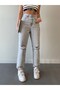 Women's Light Gray Washed Ripped Mom Fit Jean Pants