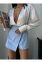 Women's Blue Floral Print 100% Cotton Denim Shorts-Skirt - Asymmetrical Cut Vintage Skort - 4