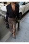 Slit Leopard Printed Pieces Midi Length Denim Skirt - 100% Cotton Pieces - 3