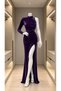 Mock Neck Stone Detailed Slit Velvet Evening Dress 582310 Purple