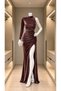 Mock Neck Stone Detailed Slit Velvet Evening Dress 582310 Brown