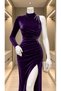 Mock Neck Stone Detailed Slit Velvet Evening Dress 582310 Purple - 3