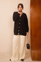 Women's V-Neck Bronze Buttoned Bearded Knitwear Cardigan 1142 Black - 8