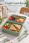 Green Striped Lunch Box with 5 Compartments, Fork and Spoon, and Transparent Lid.