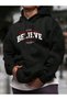 Unisex Black Oversized Hooded 100% Cotton 3 Thread B Printed Hoodie Wide Size