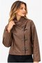 Women's Brown Leather Look Metal Clasp Stand Collar Short Jacket - 3