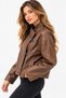 Women's Brown Leather Look Metal Clasp Stand Collar Short Jacket - 4