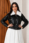 Women's Leather Jacket Short Plush Collar Snap Button Double Pockets Long Sleeve Faux Leather Jacket Coat - 3