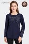 Women's Navy Blue Winter Peony Pattern Collar and Sleeves Embroidered, Stoned Clover Fabric Mother Combed Cotton Blouse