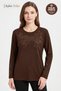 Women's Brown Winter Peony Pattern Collar and Sleeve Embroidered, Stoned Clover Fabric Mother Combed Cotton Blouse