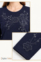 Women's Navy Blue Winter Peony Pattern Collar and Sleeves Embroidered, Stoned Clover Fabric Mother Combed Cotton Blouse - 3