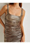 X Selected by Şahika Ercümen - Shiny Pencil Dress Draped Mini Length Sleeveless Square Neckline - 5