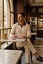 Men's Striped Long Sleeve Cream Loose Polo Neck T-Shirt - 3