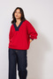 Contrast Color V-Neck Tricot Sweater Red-Dark Blue - 4